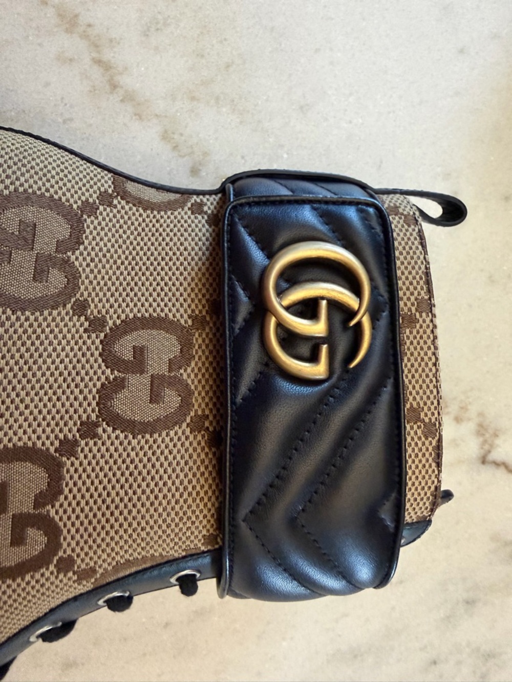 Gucci GG Canvas & Black Leather Ankle Boots with Gold GG Logo.GUCCI Luxury Boots - Picture 9 of 15